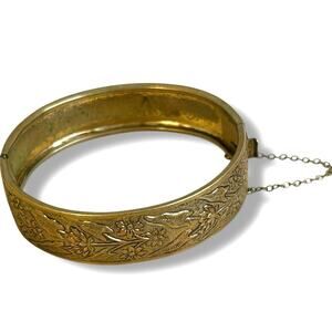 Vintage Etched Brass Hinged Bangle Bracelet Locking Safety Chain Floral Design
